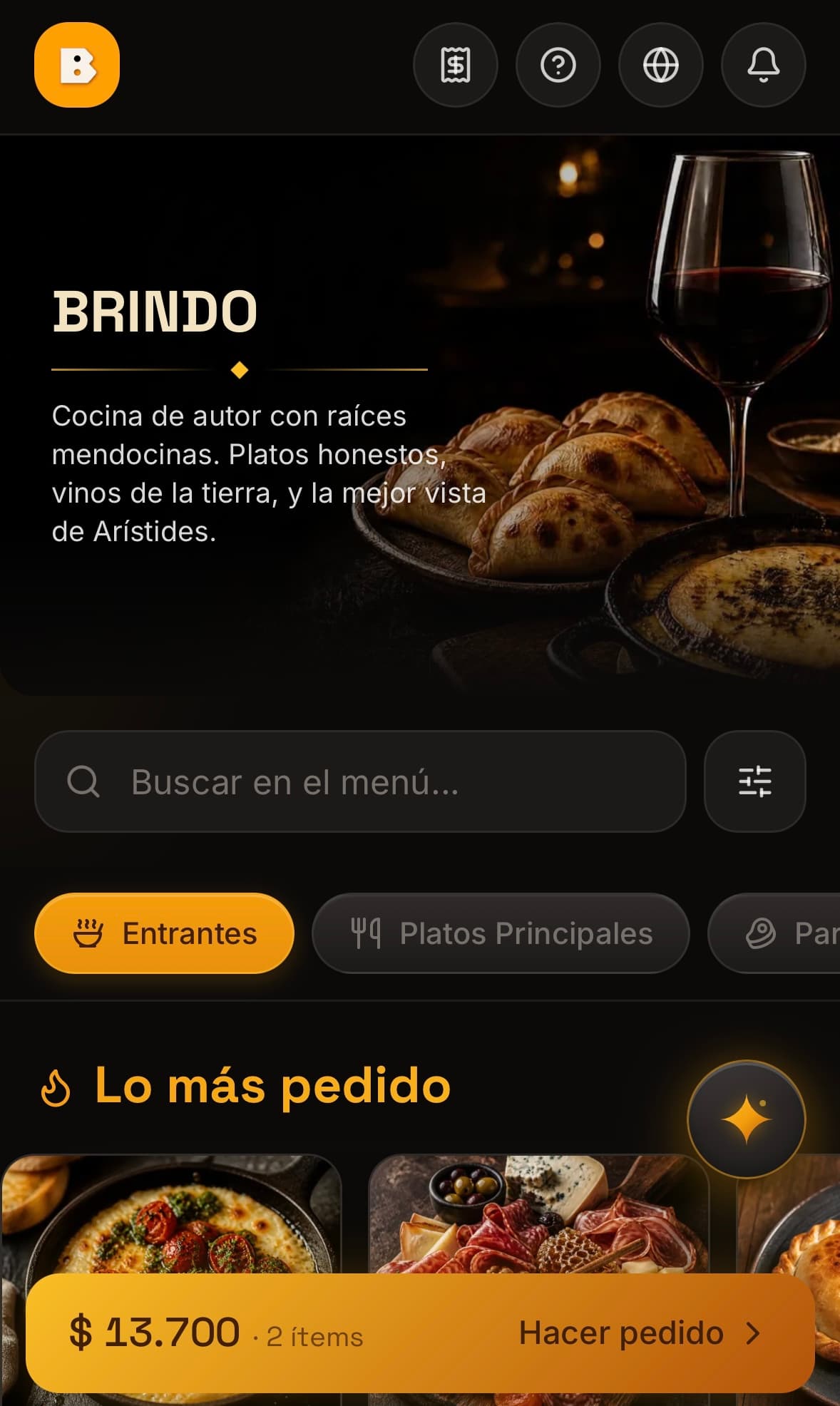 Carta digital de Brindo — pantalla 1