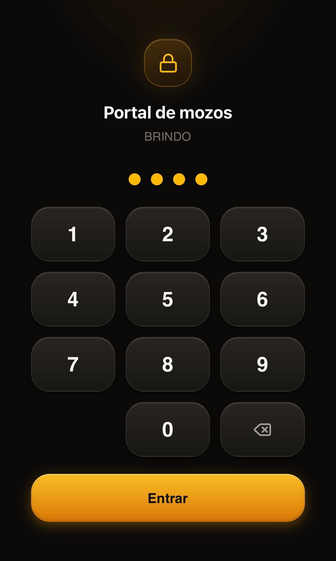 Portal del mozo de Brindo — pantalla 1